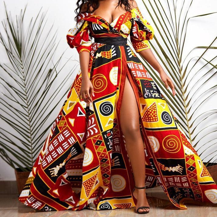 Women's Printed Short Sleeve Split High Waist Dress