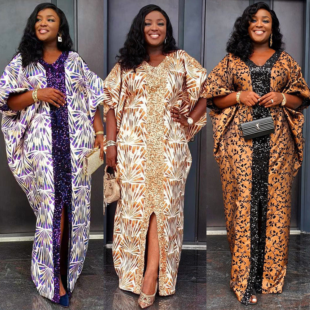 Loose Printed Sequin V-neck Dress