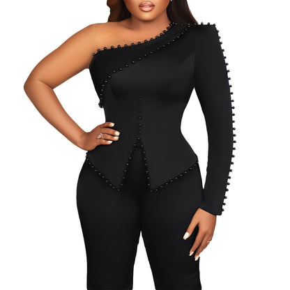 Women's Fashion Temperament Diagonal Shoulder Beaded Ol Two-piece Set
