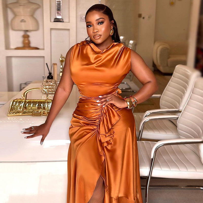 Sleeveless Slim Fit Ruffled Mid-length Irregular Dress