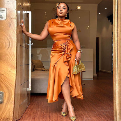 Sleeveless Slim Fit Ruffled Mid-length Irregular Dress