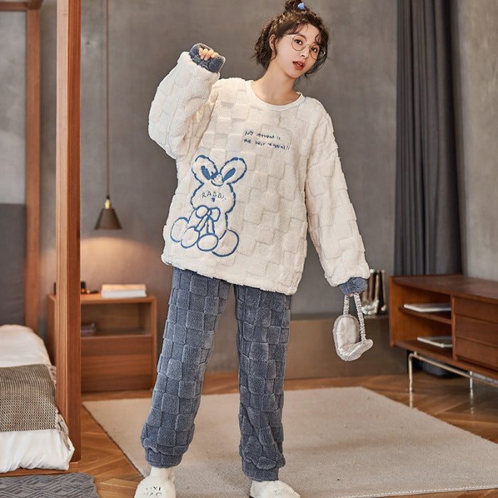 Cartoon Coral Fleece Pajamas Women's Pullover Long-sleeved Thickened Warm