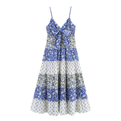 Summer Bow Patchwork Printed Layered Splicing Sling Dress