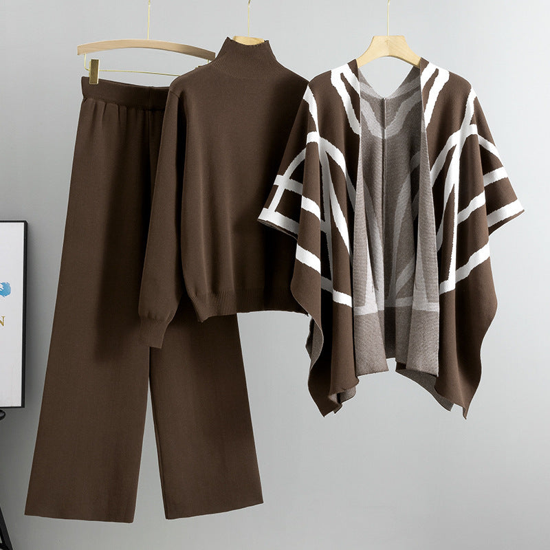 New Elegant Knitted Sweater Shawl Wide Leg Pants Three-piece Set