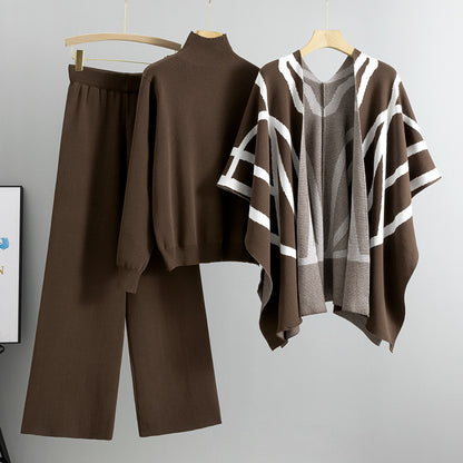 New Elegant Knitted Sweater Shawl Wide Leg Pants Three-piece Set
