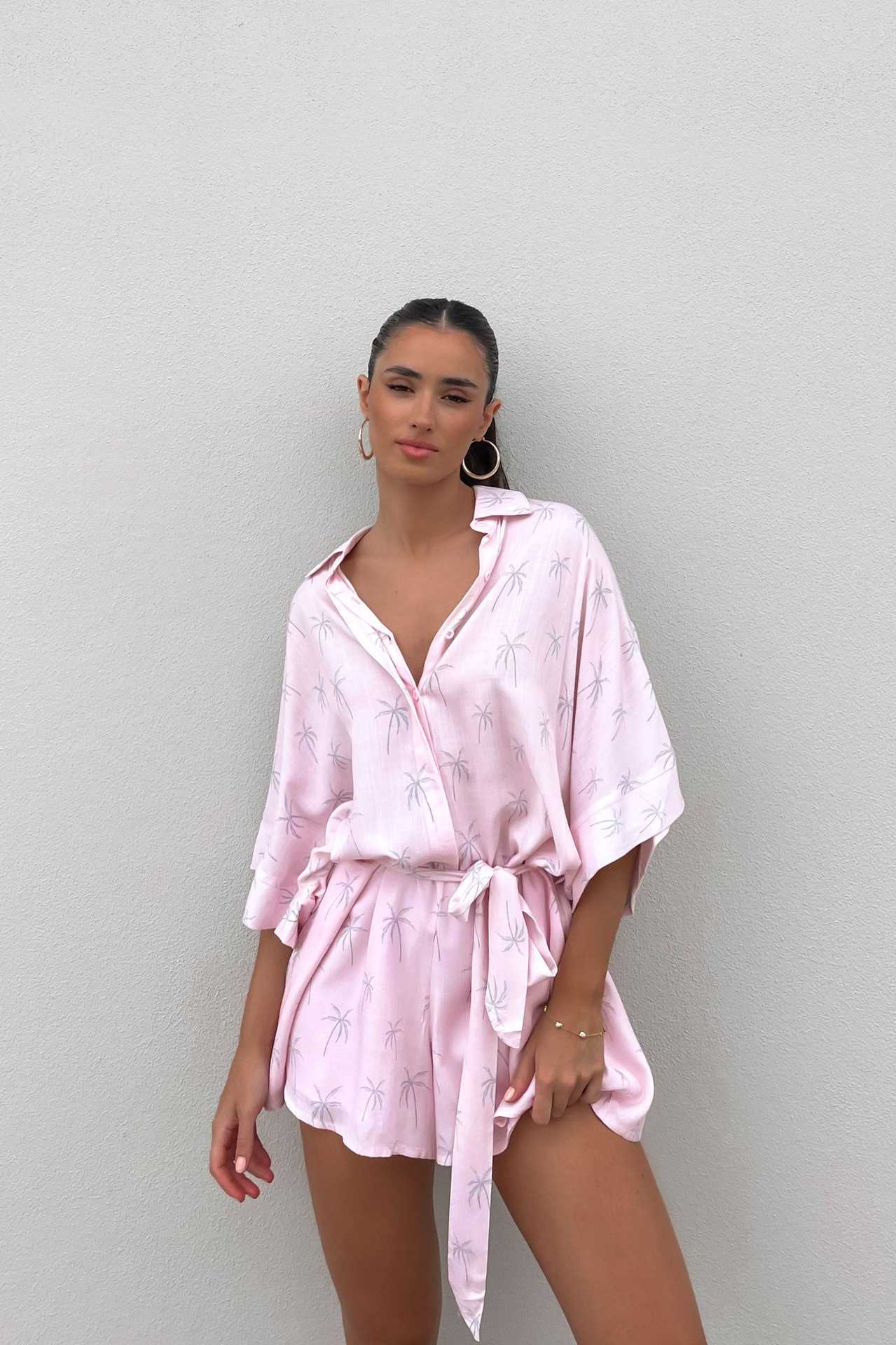 Women's Printed Lace Up Waist-tight Cardigan 5-point Sleeve One-piece Shorts