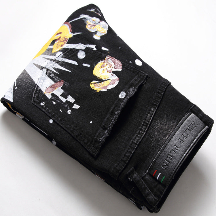 Slim Nightclub Trendy Personality Pattern Denim Trousers