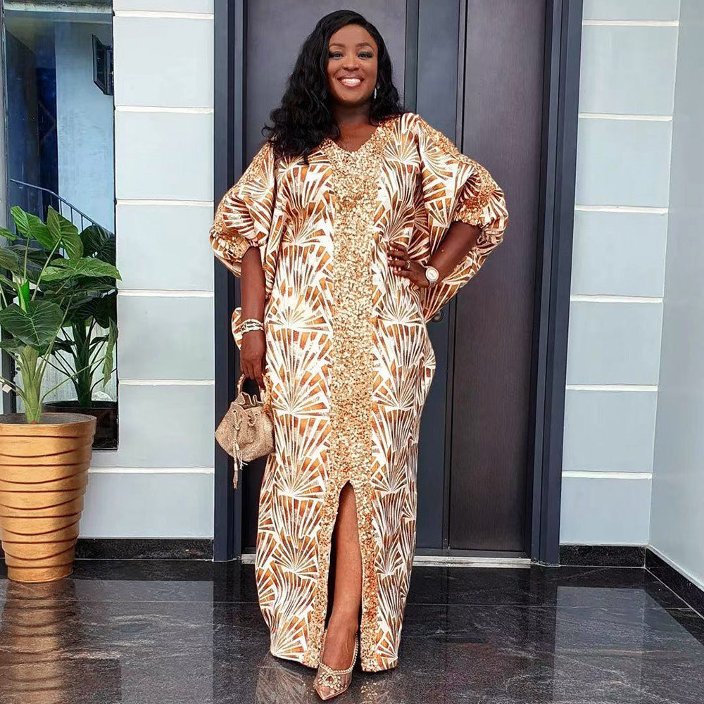 Loose Printed Sequin V-neck Dress