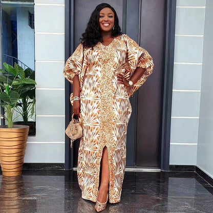 Loose Printed Sequin V-neck Dress