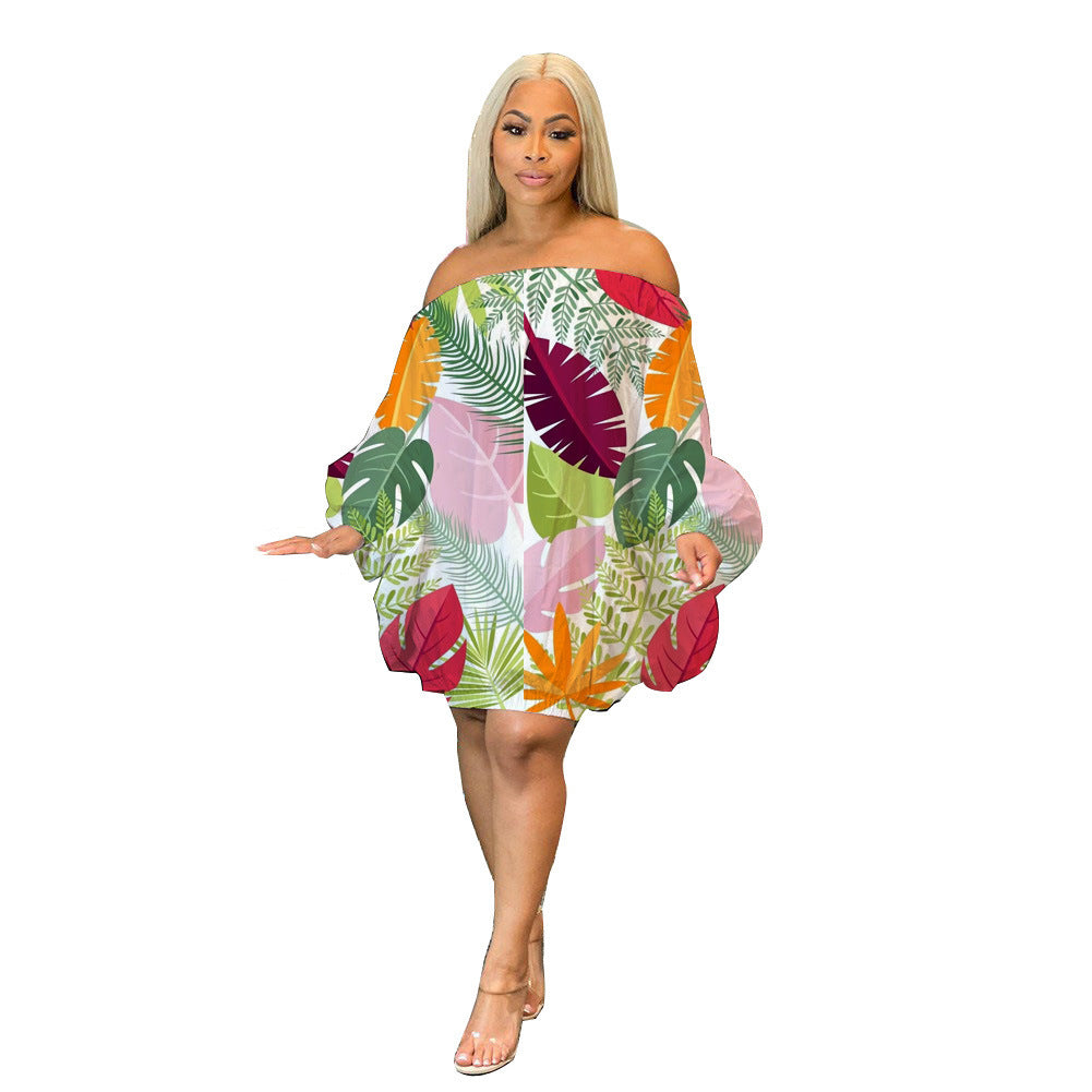 Off Shoulder Satin Printed Bat Sleeve Dress