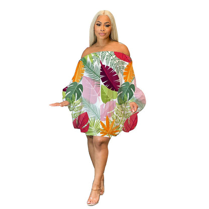 Off Shoulder Satin Printed Bat Sleeve Dress
