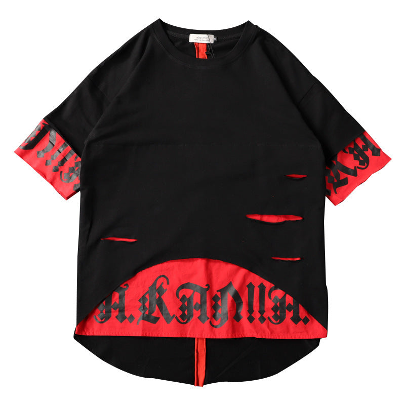 Short Front And Long Back Punk Trend Hip-hop Hole Hit Color Fake Two Sleeve T-shirts