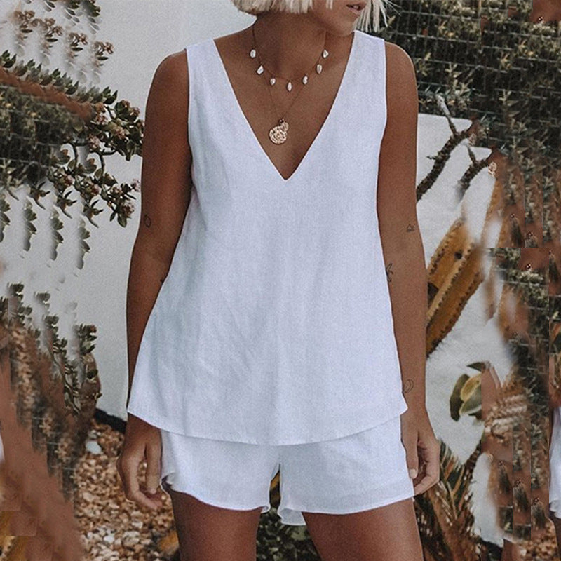 Solid Color Simple Casual Elastic Waist Shorts Two-piece Set