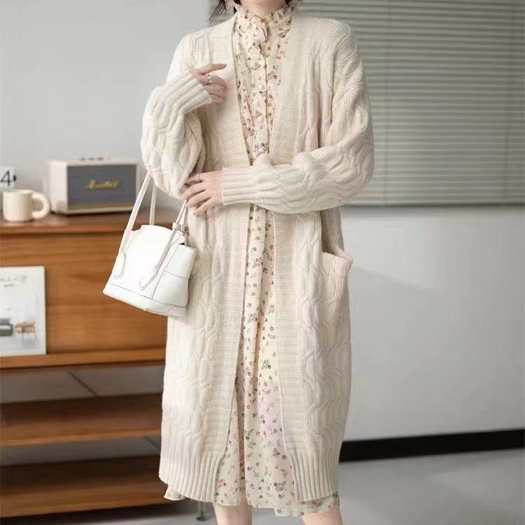 Retro Thickened Knitting Mid-length Outerwear Cable-knit Sweater Coat