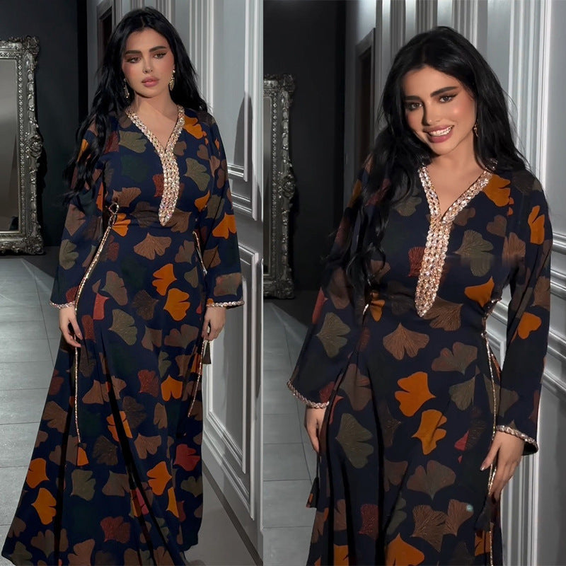 Fashion Printed Dress Ethnic Style Robe With Diamonds Containing Waist Strap