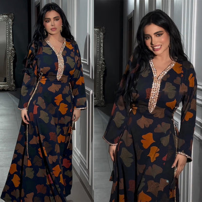 Fashion Printed Dress Ethnic Style Robe With Diamonds Containing Waist Strap
