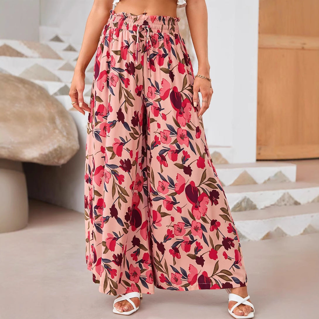 Flowers Printed Wide-leg Trousers Summer Casual Straight Pnats For Women Beach Clothing
