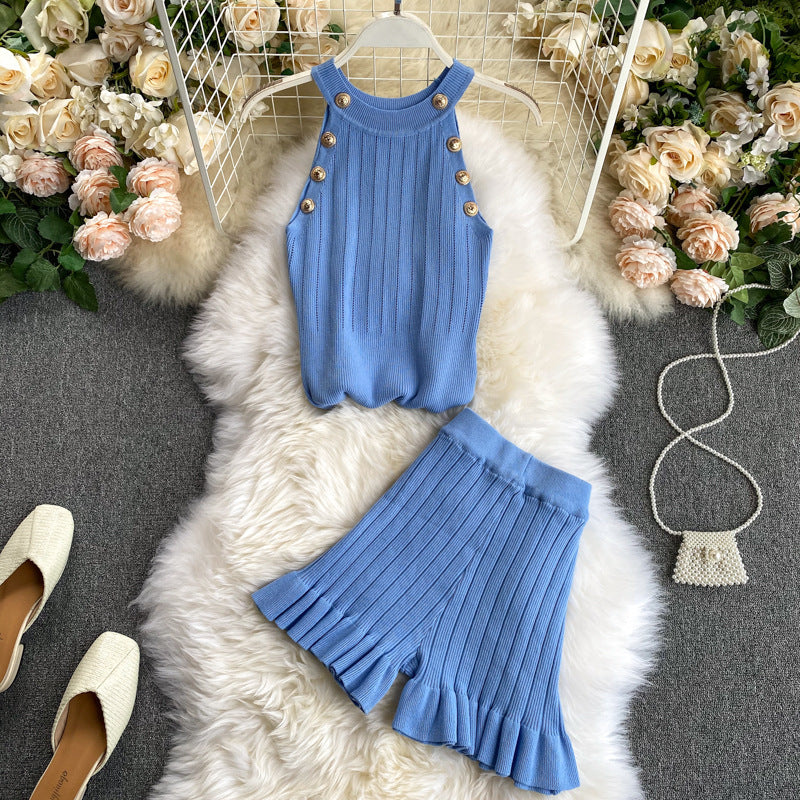 Short Waist Trousers Camisole Vest Off-the-shoulder Sling All-match High-knit Suit