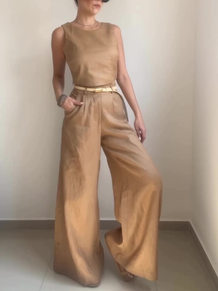 Khaki Button Back Vest & Wide Leg Pants Set
