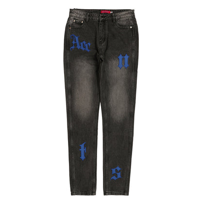 Vintage Jeans Men's Letter Patch Leather Embroidery