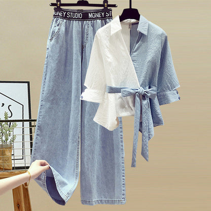 Summer Suit Women's Stitching Fake Two-piece Shirt And Jeans Two-piece Suit