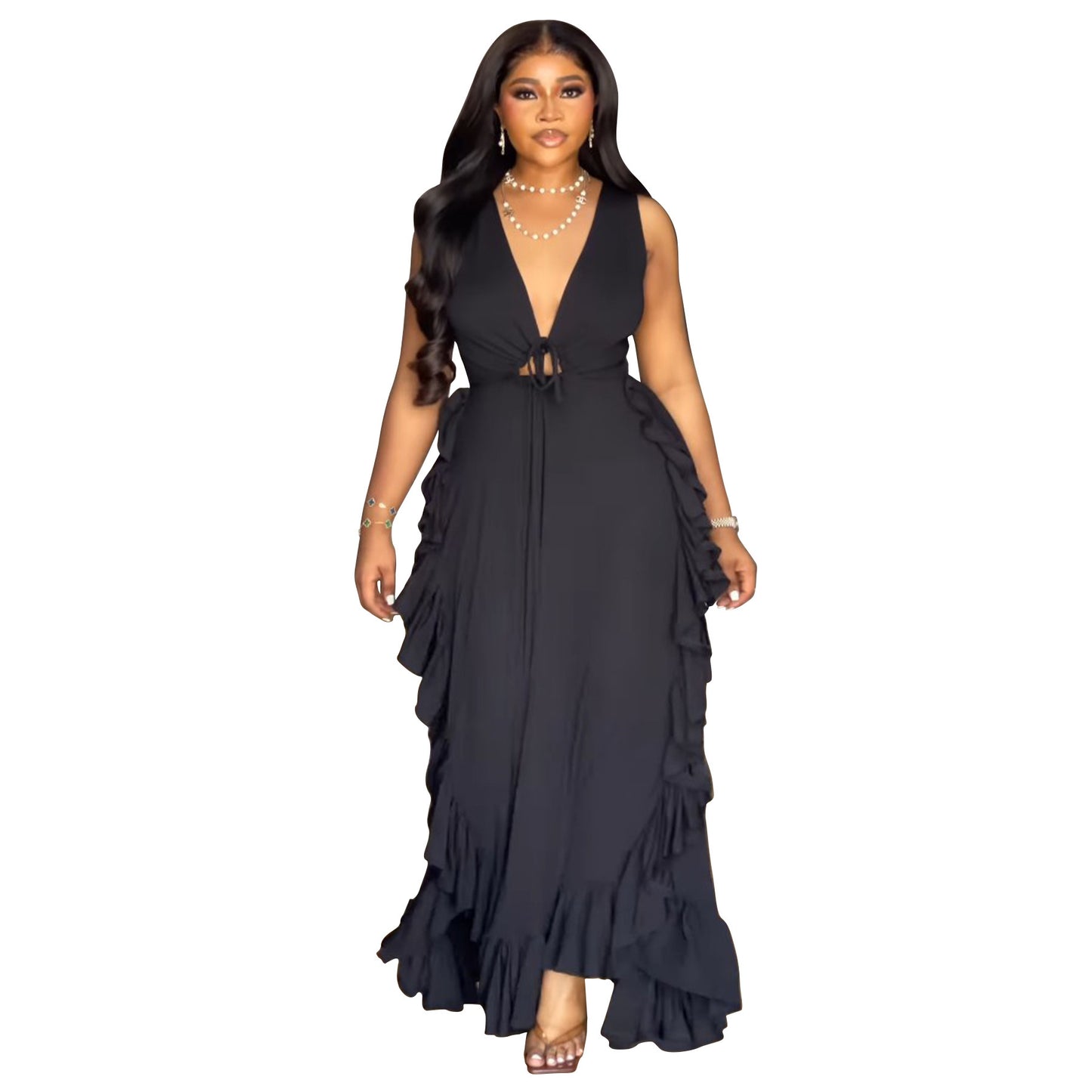 Ruffled High Waist Crop-top Spaghetti-strap Plus Size Dress