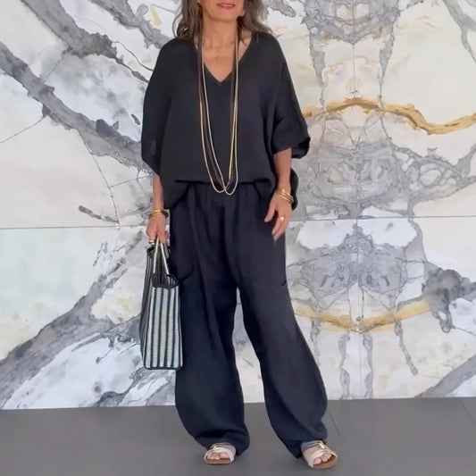 European And American Ladies Casual V-neck Loose Pockets Half Sleeve Cotton And Linen Suit