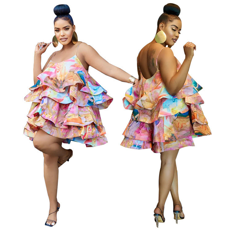 Light Color Printing Layer Fishbone Sling Short Dress