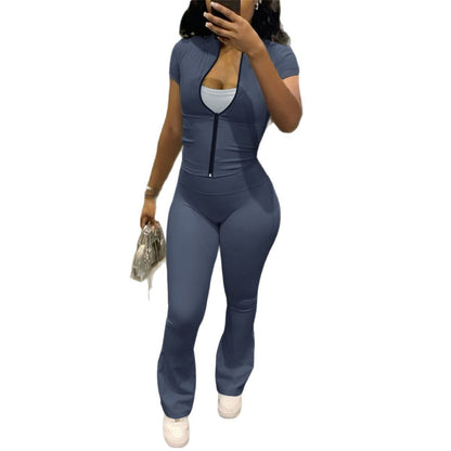 Zipper Short Cardigan High Waist Straight-leg Shorts Yoga Clothes Two-piece Suit