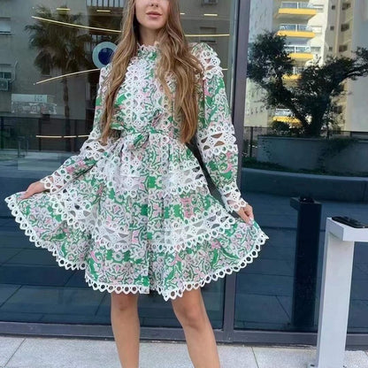 Retro Heavy Industry Elegant Printed Hollow Stand Collar Long Sleeve Dress