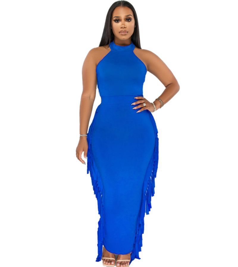 Halter Solid Color Tassel Dress Two-piece Set