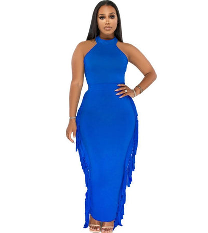 Halter Solid Color Tassel Dress Two-piece Set