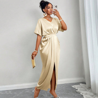 V-neck Short Sleeve High Waist One-step Slit Dress