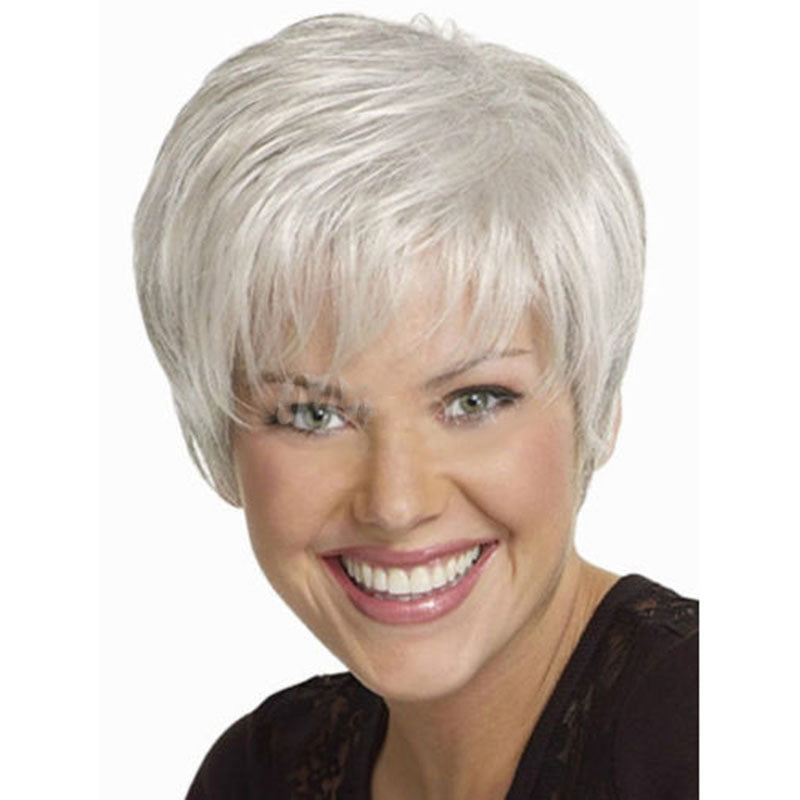 Silver White Ladies Short Hair Oblique Bangs Wig