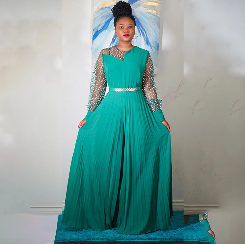 Fitted Waist Pleated One-piece Wide-leg Pants