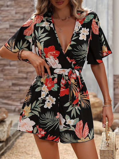 Beach Vacation Ruffle Sleeve Short Culottes Printed Jumpsuit