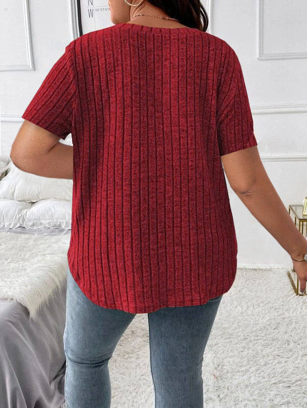 Solid Color Plus Size Women's Clothes Top V-neck Sunken Stripe Short Sleeve T-shirt