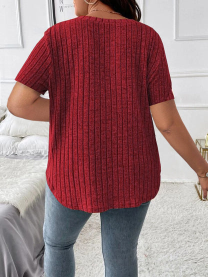 Solid Color Plus Size Women's Clothes Top V-neck Sunken Stripe Short Sleeve T-shirt