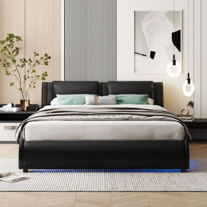Full Size Upholstered Faux Leather Platform Bed With LED Light Bed Frame With Slatted - Black