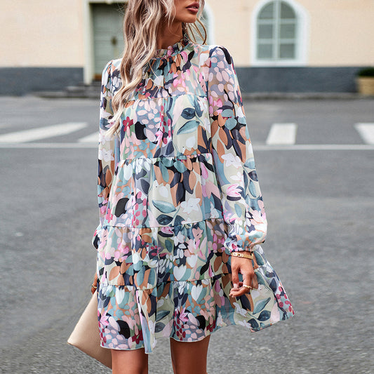 Puff Sleeve Elegant Long Sleeve Printed Dress