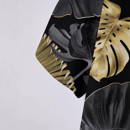 Men's Printed Gold Tropical Plant Pattern Short Sleeve Fashion Printed Shirt