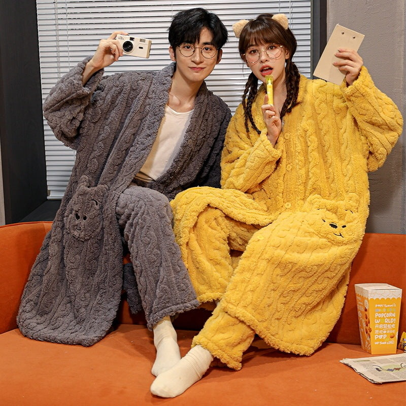 Women's Nightgown Autumn And Winter Long Flannel Thickened Couple Plus Size Loose Bathrobe Coral Fleece