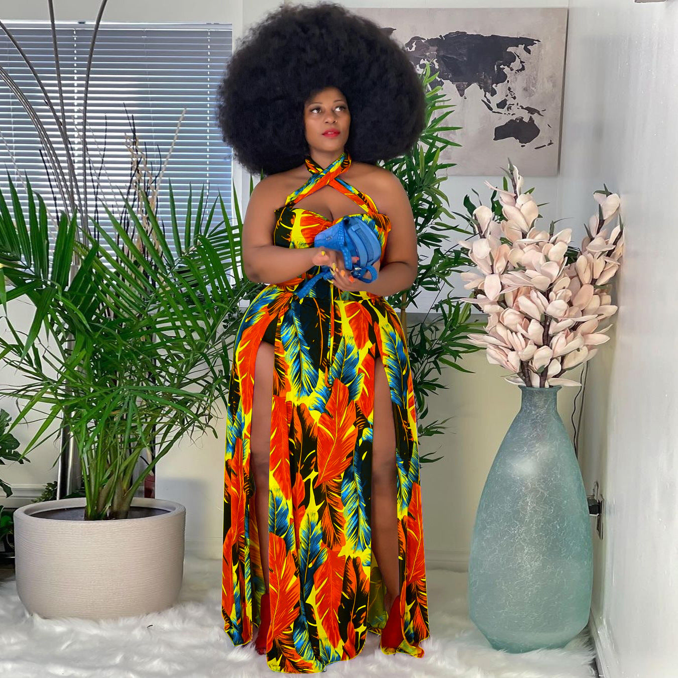 Ladies Fashion Print Halter Slit Dress