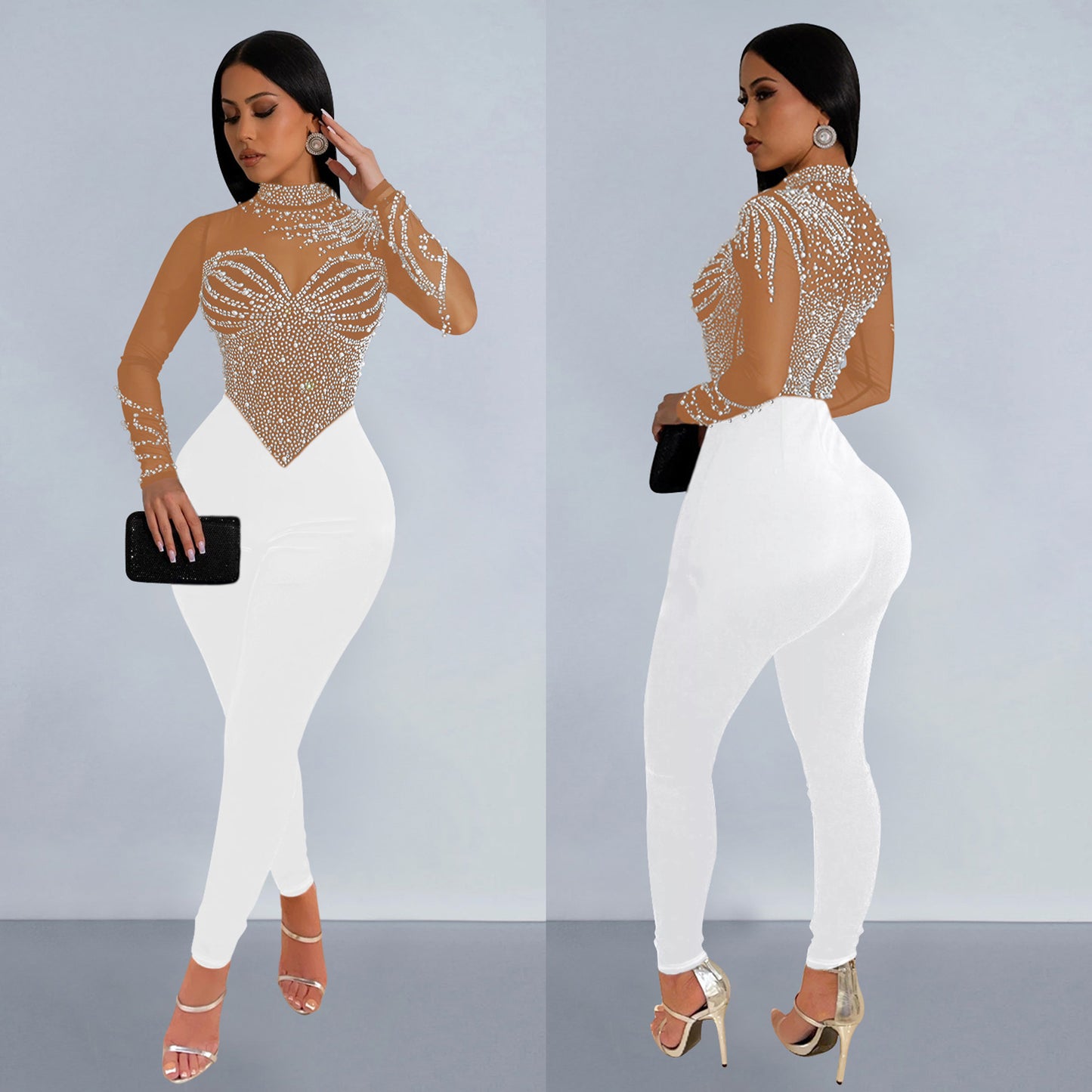 Fashion Pure Color Mesh Rhinestone Long-sleeved Trousers Jumpsuit
