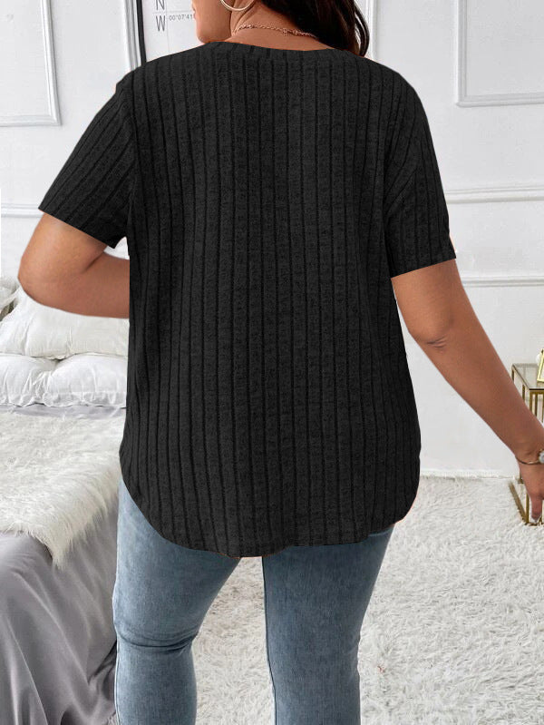 Solid Color Plus Size Women's Clothes Top V-neck Sunken Stripe Short Sleeve T-shirt