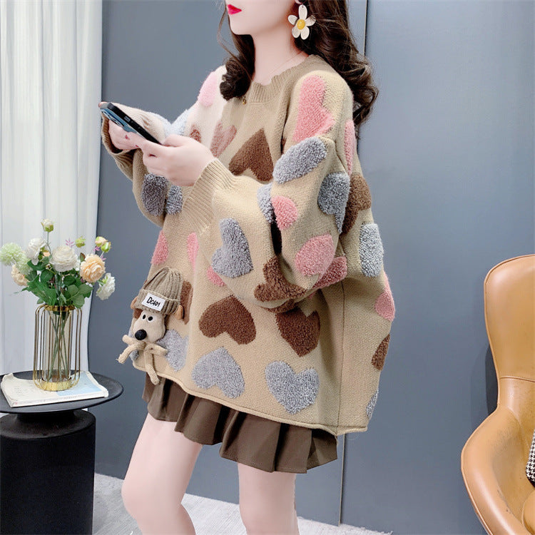 Gentle Younger Sweet Tridimensional Puppy Round Neck Sweater Women's Autumn And Winter 2024 New Loose Heart Knitted Top