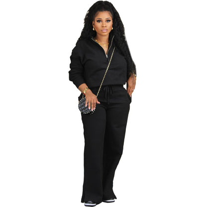 Solid Color Loose Zip Drawstring Pants Sports Two-piece Set