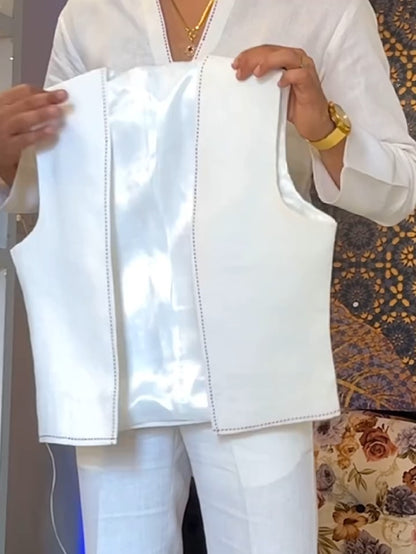 White Three - Piece Outfit-V - Neck Inner Shirt & Sleeveless Vest & Trousers