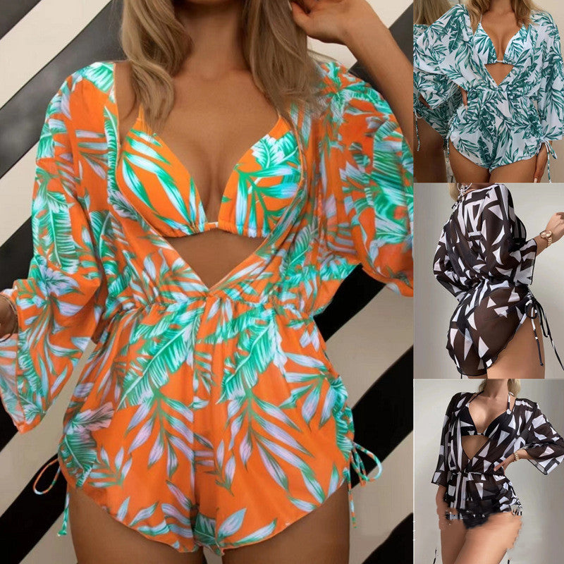 Three-piece Split Swimsuit Printed Ins Halter Lace-up Swimsuit