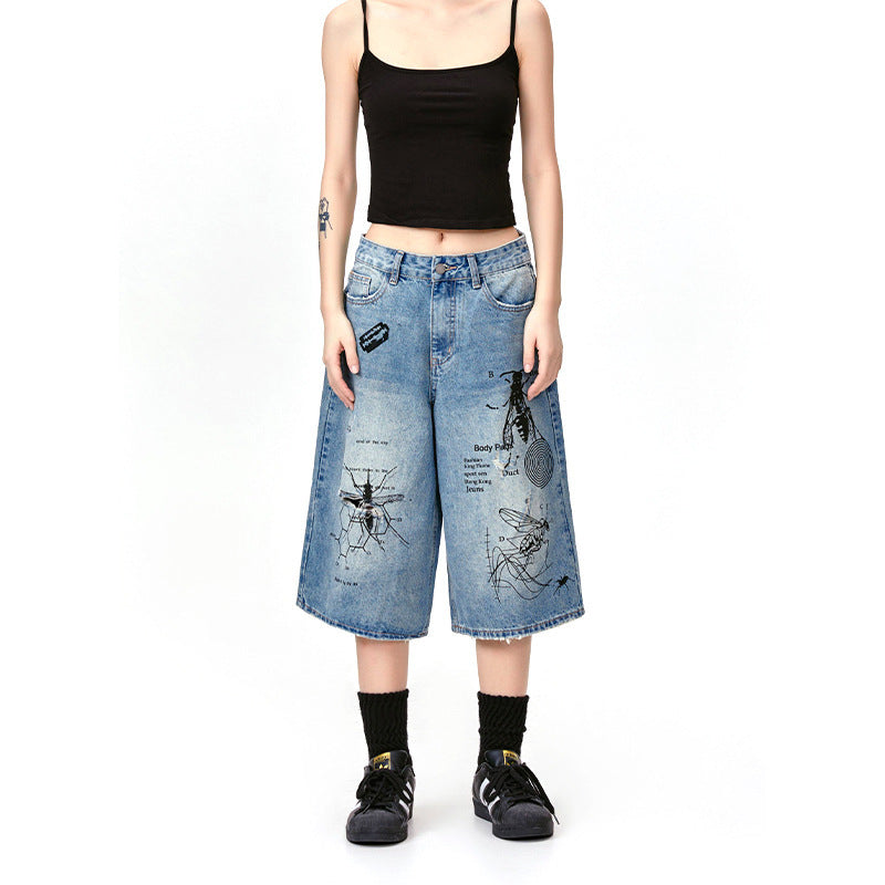 American Style Retro Street Graffiti Printing Destroyed Wormhole Cropped Jeans